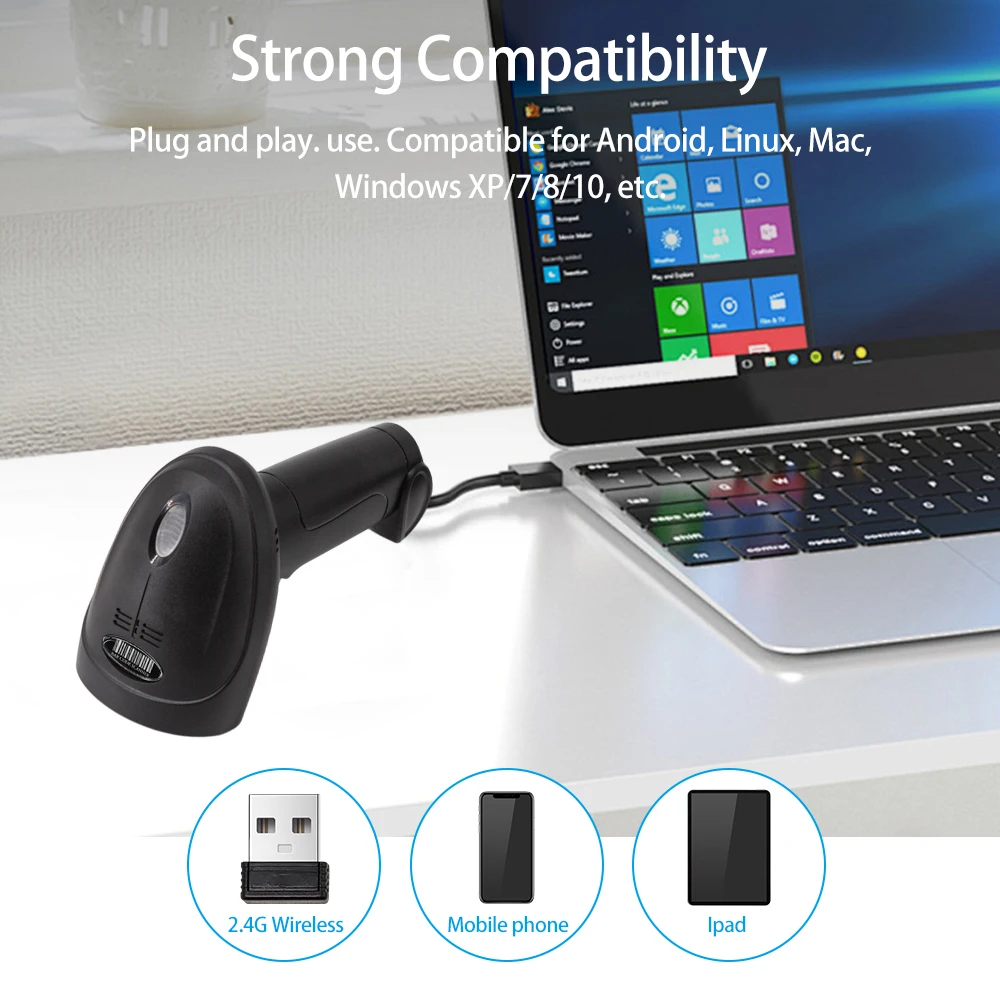 Wireless 1D Barcode Scanner 2.4G + BT + USB Wired Connection CCD Scanning Head for Paper Screen Codes for Windows Android