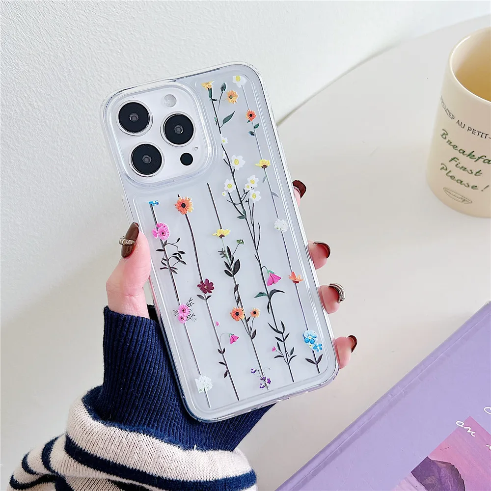 Coque de téléphone à fleurs en Silicone souple, Airbag, antichoc, Fundas pour iPhone 13 11 12 14 Pro Max 15 Plus_voghion.com