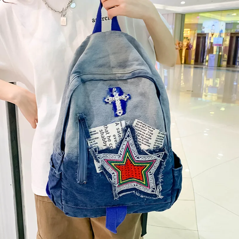 Casual Denim Women's Backpack Cartoon Sweet Student School Bag For Girls Fashion Small Ladies Travel Backpack