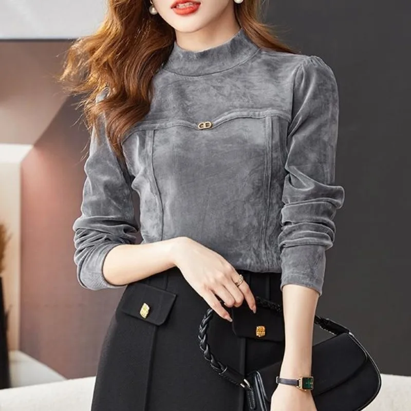 

Autumn Winter Women's Pulloverturtleneck Solid Rivet Long Sleeve T-shirt Undershirt Vacation Fashion Casual Office Lady Tops