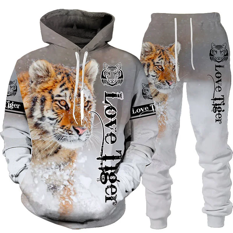 

Men's Sweatshirt 3D Tiger Pattern Printed Hoodie Set Lion Tracksuit Pullover&Pants Autumn Winter Fashion Oversize Suit Clothes