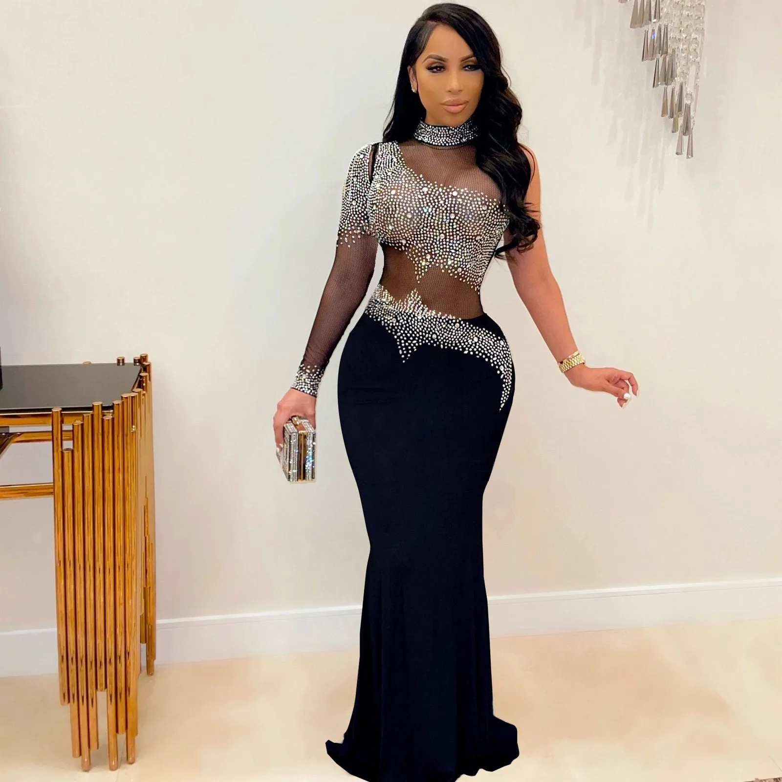 

Mesh Rhinestone Women Dress Elegant And Pretty Women Long Maxi Dresses Single Sleeve Elegant Gown Daily A Line Vintage