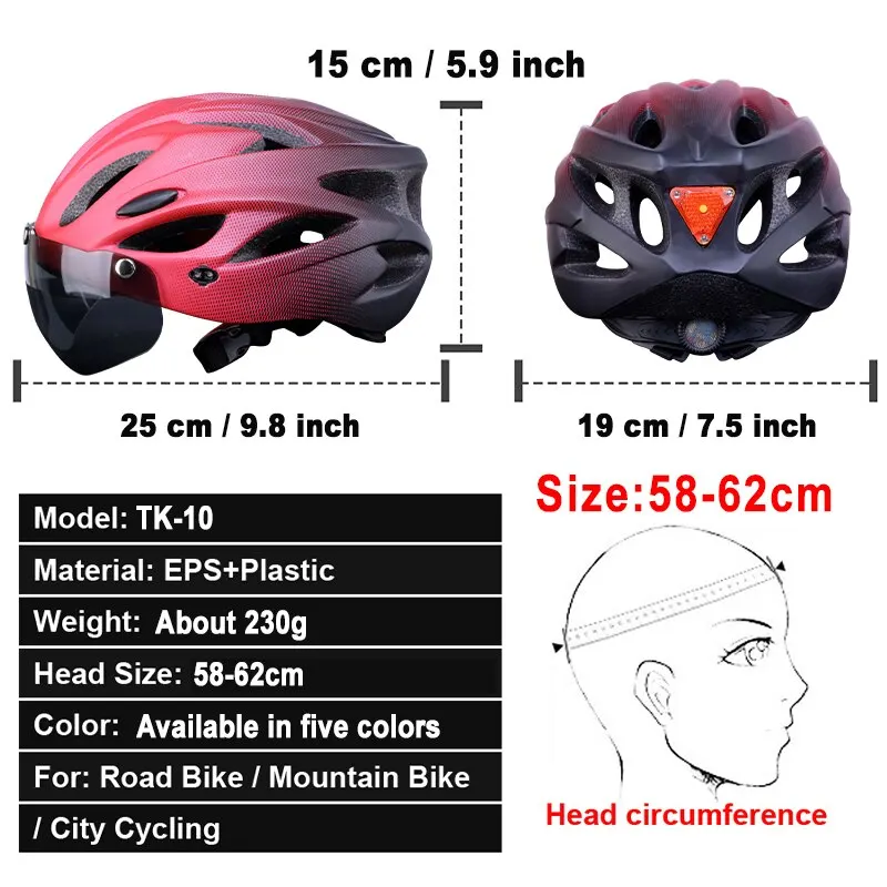Bike Helmet with LED Tail Light Adult Cycling Helmet Fit 58-62cm