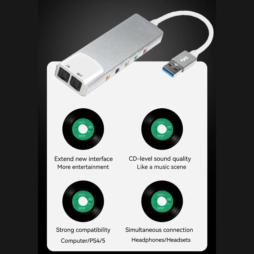 USB 오디오 어댑터 AC-3 DTS 헤드폰 어댑터 사운드 카드 외부 오디오 변환기 노트북 데스크탑용 알루미늄 합금 SPDIF 광학