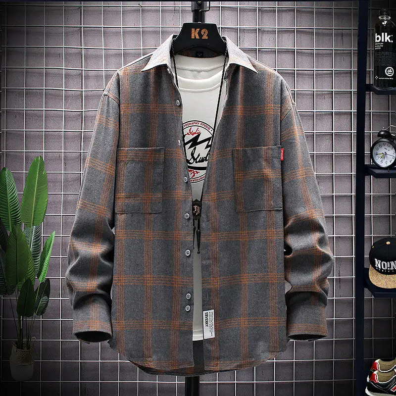 Spring Autumn Men's Youth Trendy Striped Plaid Long Sleeved Shirt Casual Loose All-match Square Neck Pocket Button Cardigan Tops