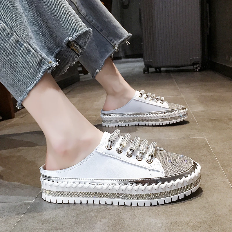 

New Flat Platform Half Slippers Women Casual Sneakers Couple Bling Mules Crystals Lace-up Shoes Slides Plus Size 42 43