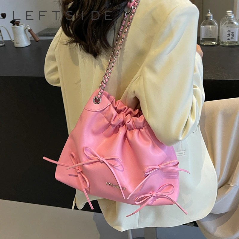 LEFTSIDE Bow Tie Design Pu Leather Bucket Bags for Women 2024 New Trend Female Small Crossbody Bag Chain Shoulder Bag Handbags