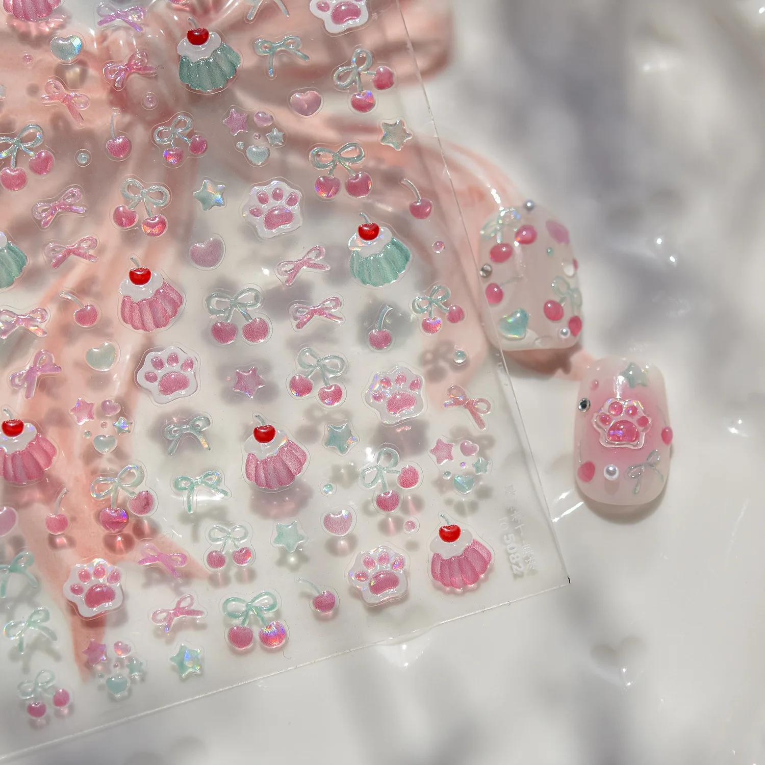 1pcs 5D 젤리 네일 스티커 디저트 과일 체리 핑크 클로 프린트 보우낫 러브 네일 아트 스티커 접착제 매니큐어 데칼 DIY