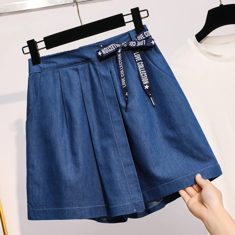 XL-5XL Oversize Wide Leg Shorts Skirts Female Summer Thin Lmitation Denim Drawstring Korean Style Fashion Large Size Blue Shorts