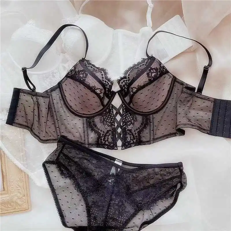 French Lace Push Up Lingerie Set Mulher Thin Underwire Bra Sheer Ruched Chemise Soft Petite Small Bust S-XL Hot Sale_voghion.com