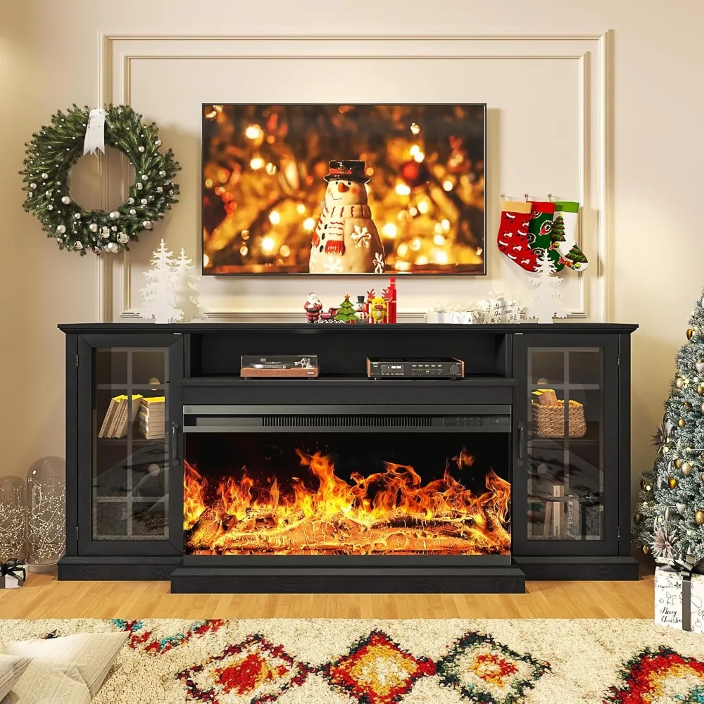 36 Inch 3-Sided Glass Fireplace TV Stand for TVs up to 80", Rustic Media Entertainment Center Console TSet of TV Stand 2