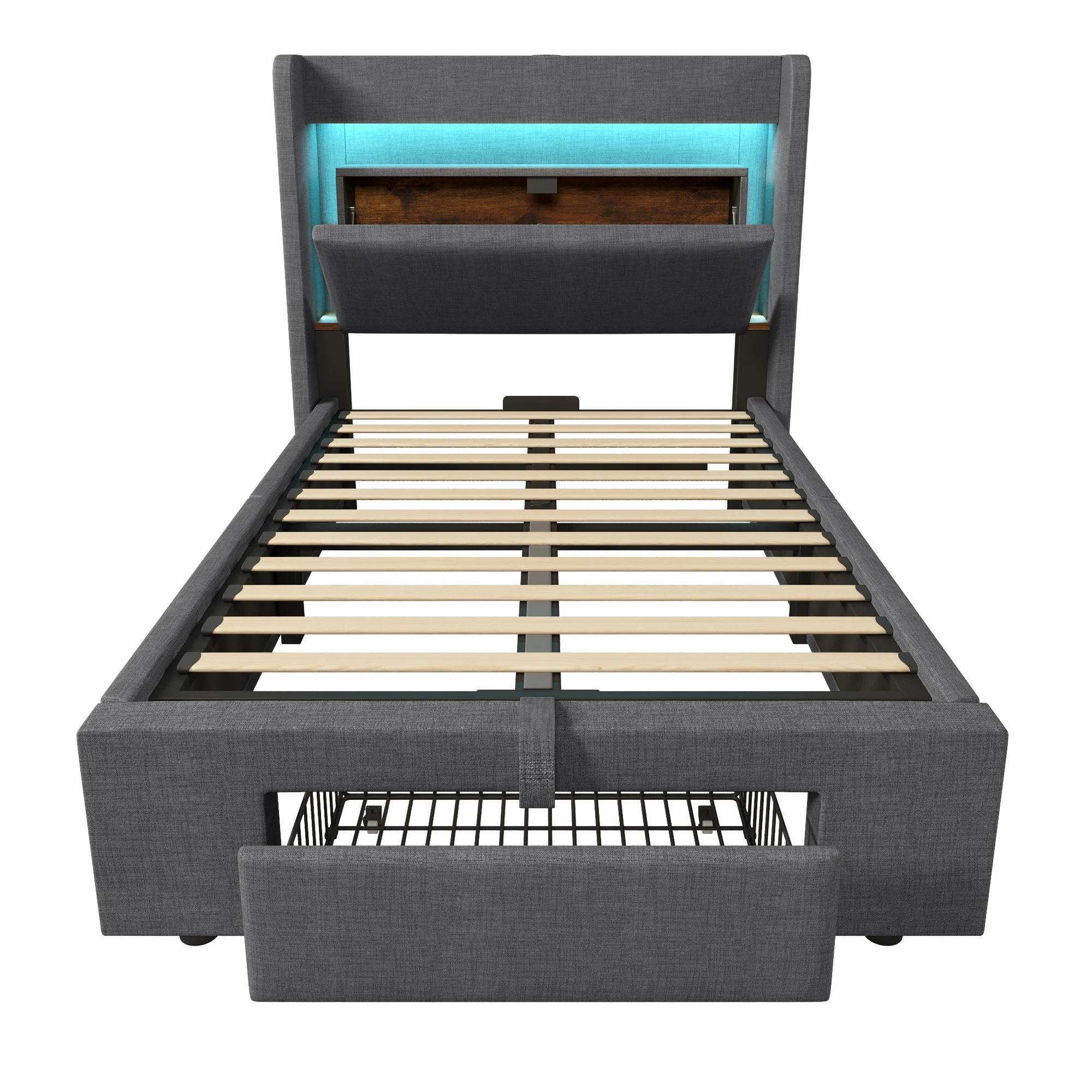 Polsterbett 90x200 cm mit hydraulischem Stauraum, Kopfteilfach, LED-Beleuchtung, USB-Anschlüssen und Matratze. – Detail 25