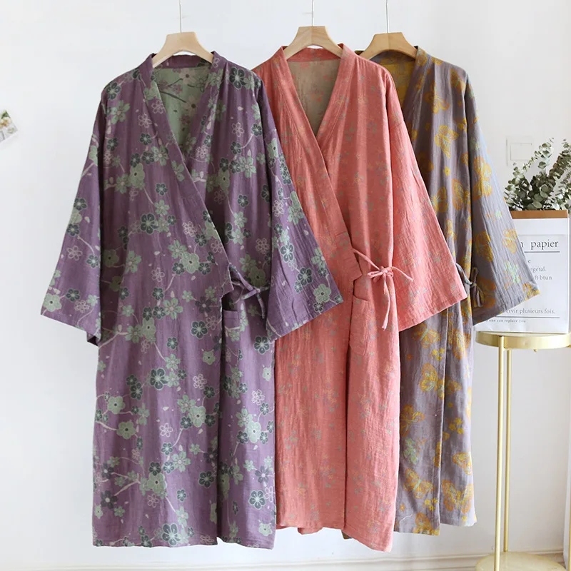 Spring Autumn Women's Cotton Double Sided Jacquard Kimono Robes Nightgowns Loose Size Comfortable Home Bathrobe