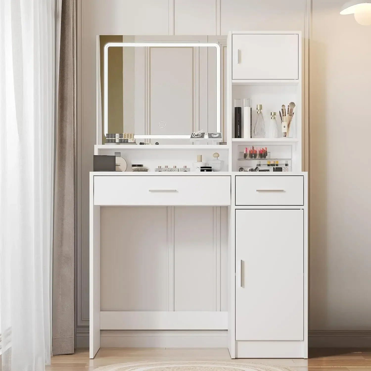 Vanity Desk with Mirror and LED Light Strip,Dressing Table with Large  3 Level Storage Dresser & 3 Lighting Modes Adjustable