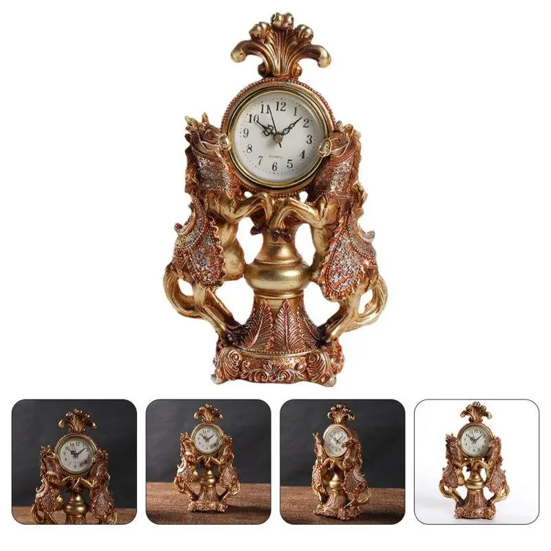 1pc Vintage Dual Horse Clock Adornment European Style Clock Desktop Clock Decoration Home Clock Ornament
