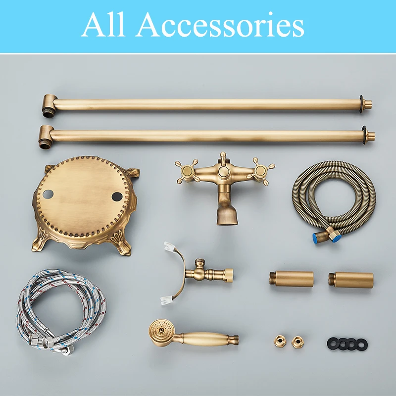 Antique Brass Bathroom Floor Mount Bathtub Filler Freestanding Bathtub Faucet Dual Handles Shower Set With Handshower Mixer Tap 5