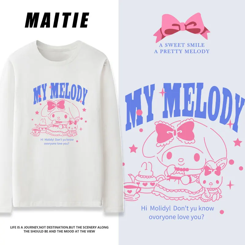 

Melody co branded T-shirt for women with long sleeves, cartoon cute Sanrio clothes for girls, pure cotton clothes