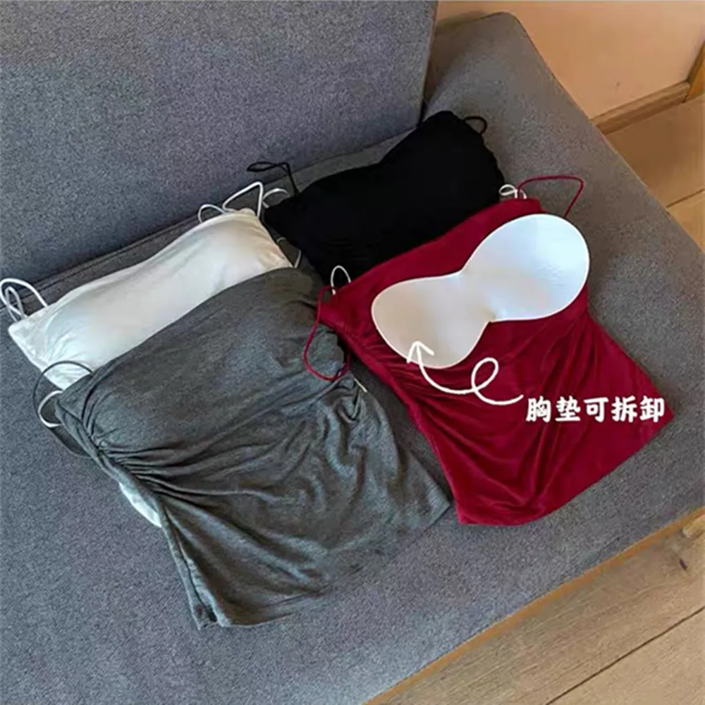 여성용 캐미솔 조끼 민소매 탱크 탑, 여성 티, 단색 크롭 탑, 스파게티 스트랩, 브래지어 내장, 캐주얼 슬림핏, 신상