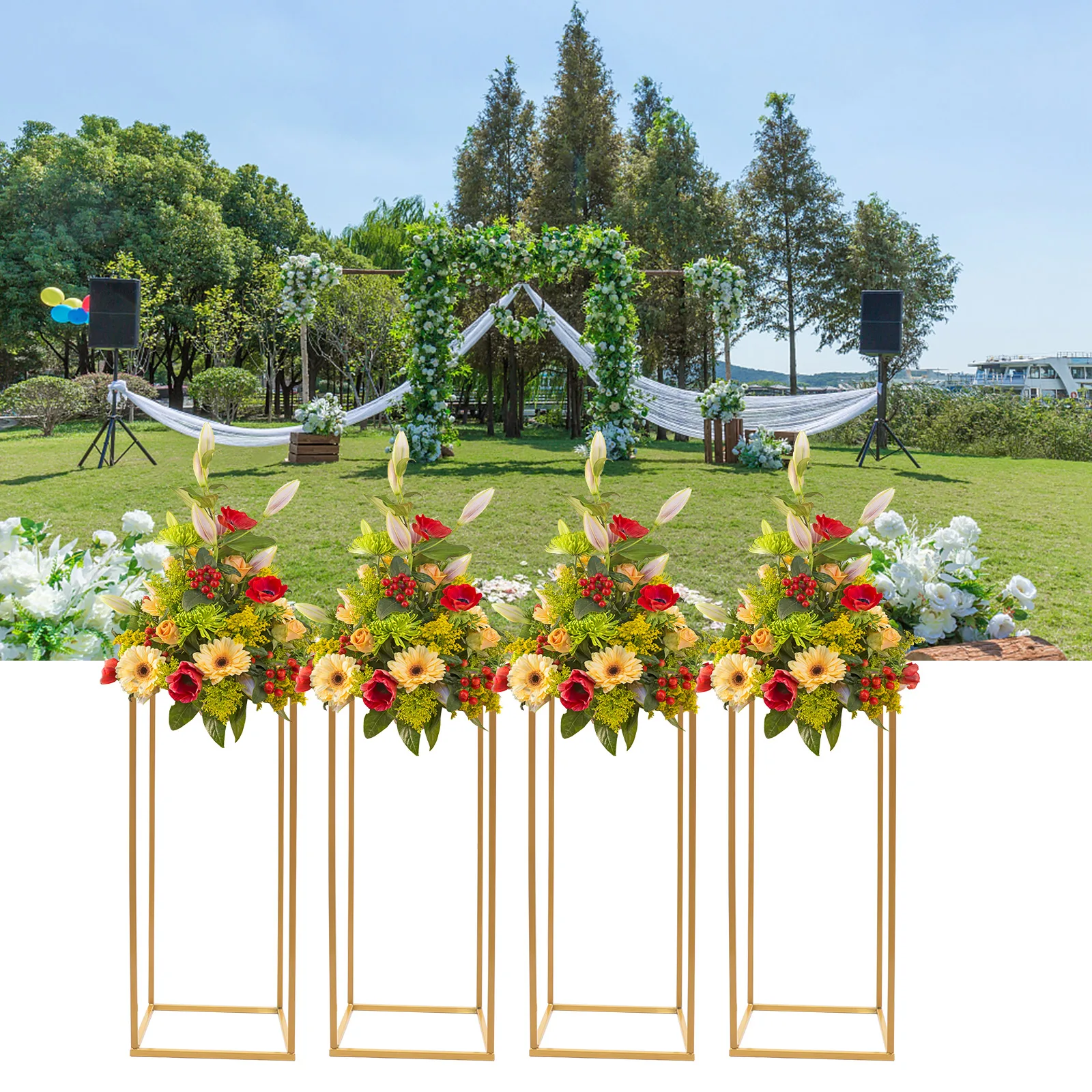 4Pcs Wedding Flower Stand Set 23.62"H Gold Metal Column Rack Wedding Party Prop Decor Balloon Display Holder Flower Vase Pillar