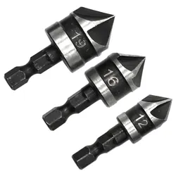 Hexagonal Shank Black Chamferer Countersink Drill Set - 5-Blade Woodworking Tool (3-Piece) - Hexagon handle (3pc black set)
