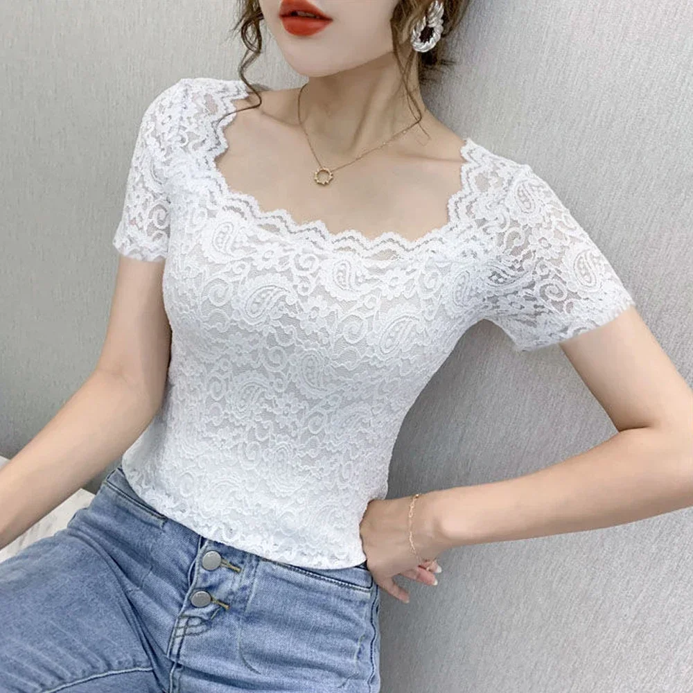 

Persian Pattern Lace T Shirt Women Stretch Knitted Blouse Square Collar Short Sleeve S-2XL Size Top Fashion Female Blouses Shirt