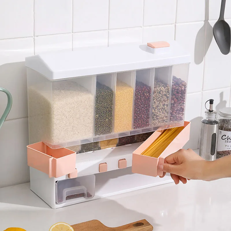 

Sub-Grid Rice Bucket Kitchen Cereal Container Household Transparent Wall Shelf Grain Dispenser Storage Box Food Storage