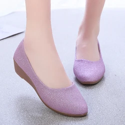 Rimocy Purple Wedges Pumps Women Shining Slip-on Soft Bottom Party Shoes Woman Light Sexy Pointed Toe Bling Shoes for Female