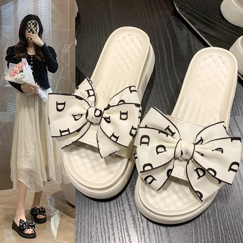 

Bowknot 4cm Flat Heel Shoes Butterfly Metal Decor Slippers Women Flip Flop Green Color Sandals New Summer Slides Chanclas Mujer