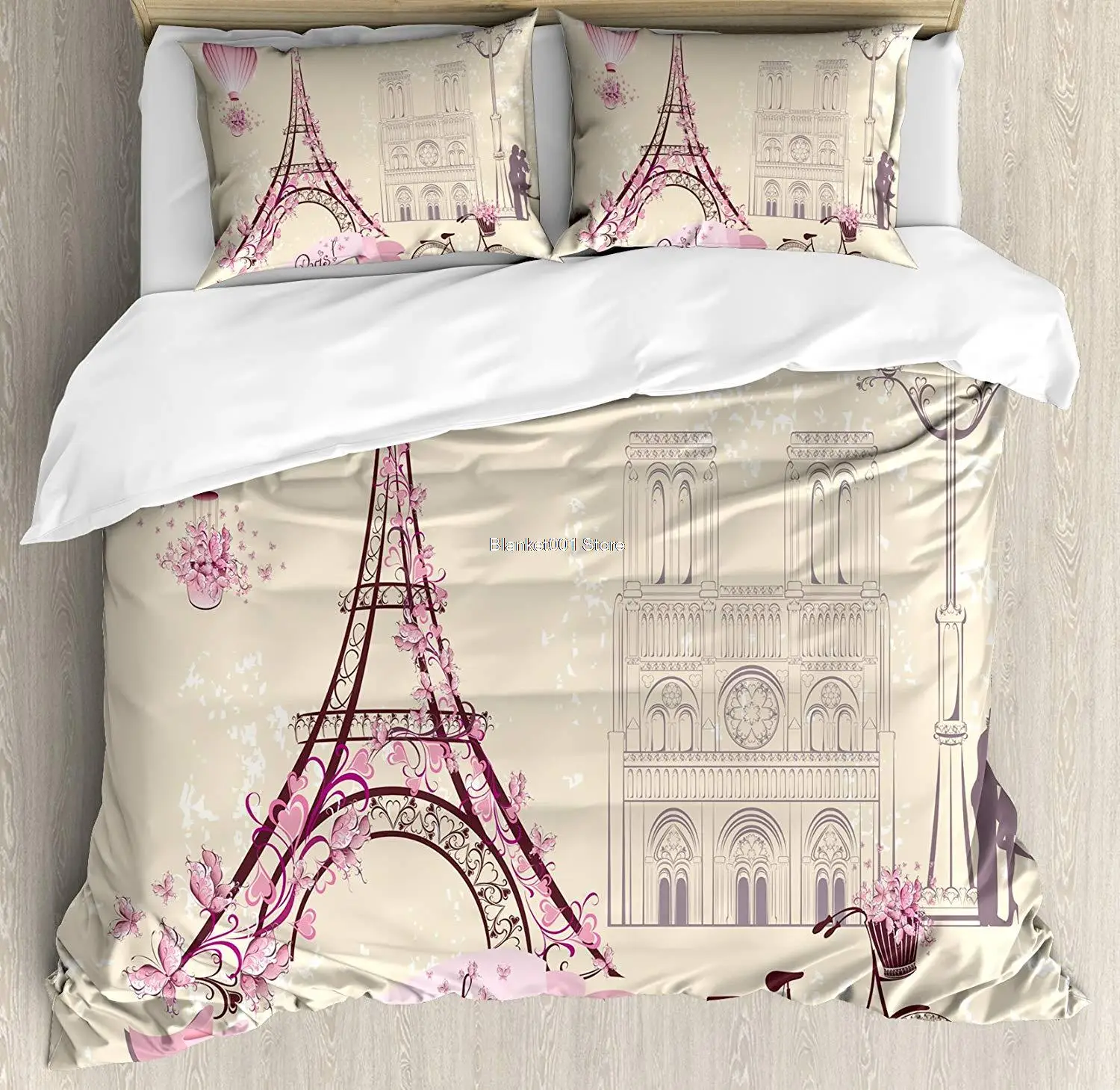 

Kiss Duvet Cover Set Floral Pariss Landmarks Eiffel Tower Hot Air Balloon Bicycle Romantic Couple Decorative 3 Piece Bedding Set