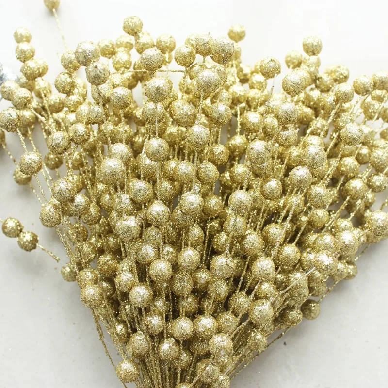 Artificial Flowers Christmas Berry Golden Branch Fake Plants Stem Tree Wreath DIY Home Christmas Wedding Decor Table Craft Gifts