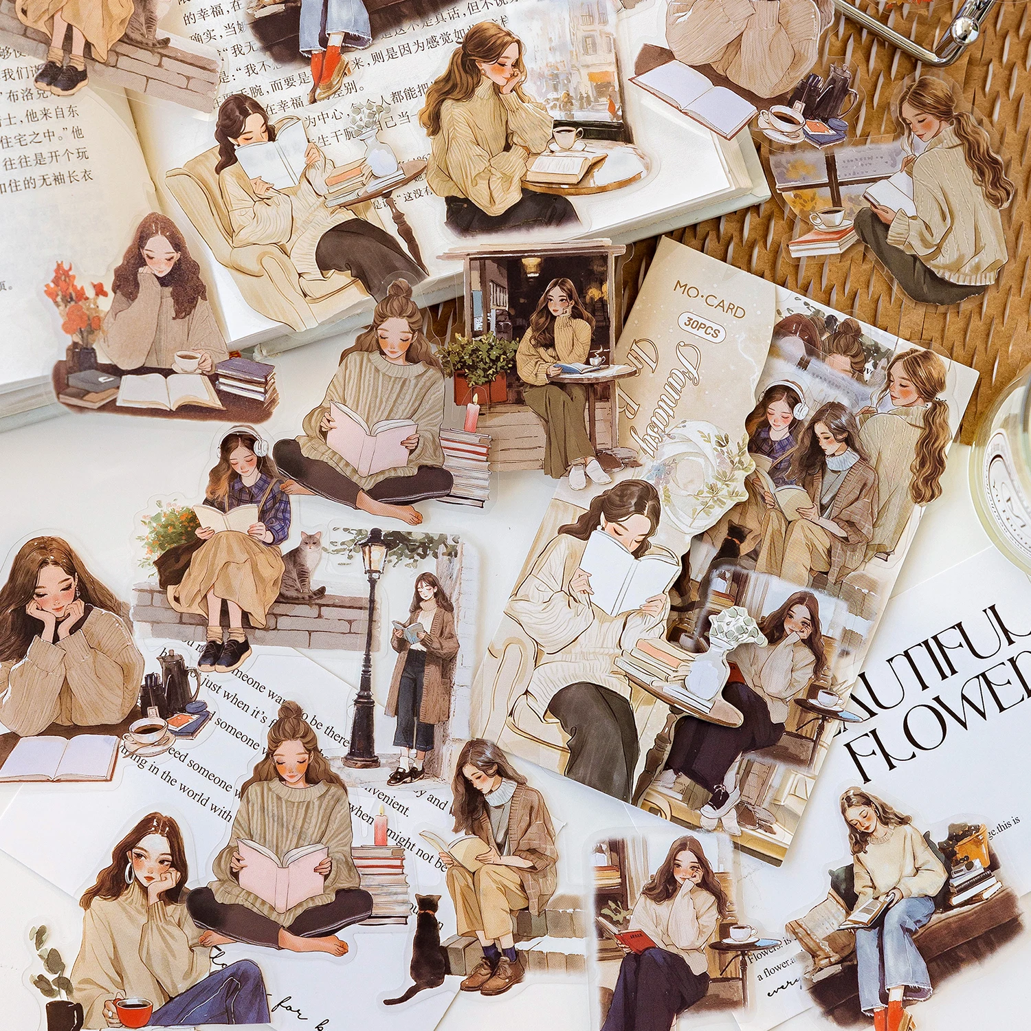 Decorative Stickers 30 pcs/pack Reading girl Stickers Aesthetic Stick Labels For Diary Album Scrapbooking