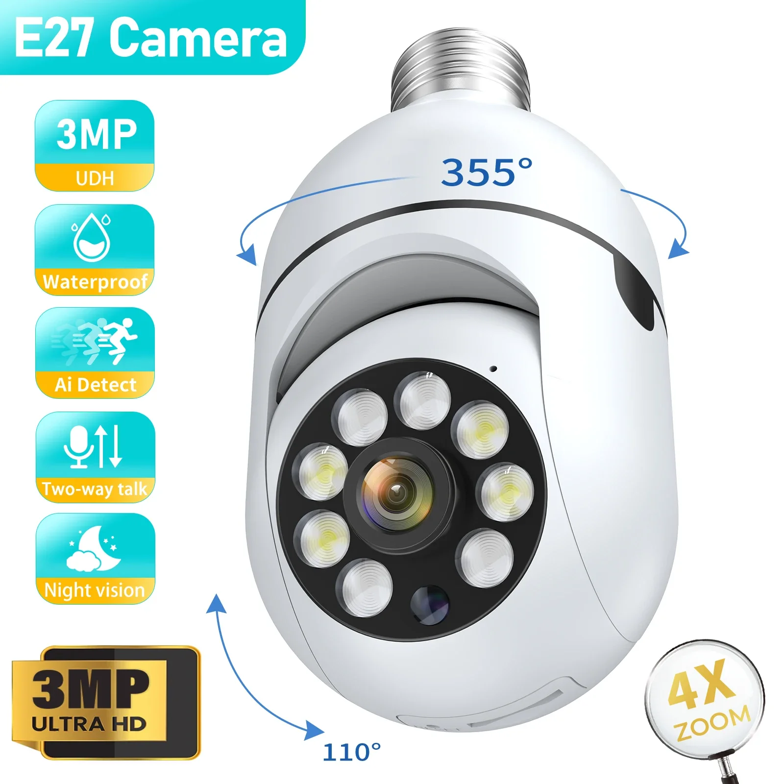 1/4PCS 3MP E27 Bulb IP WiFi Camera Indoor Video Surveillance Camera Security protection baby Monitor Full Color Night Vision Cam 1