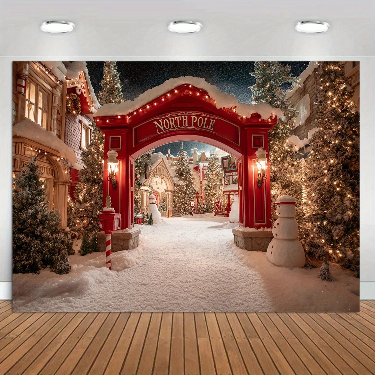 2D flach 1 Stück Arctic Snow Village Winterszene Polyester-Hintergrundstoff, geeignet für Weihnachten, Neujahr und Partydekoration – Detail 1