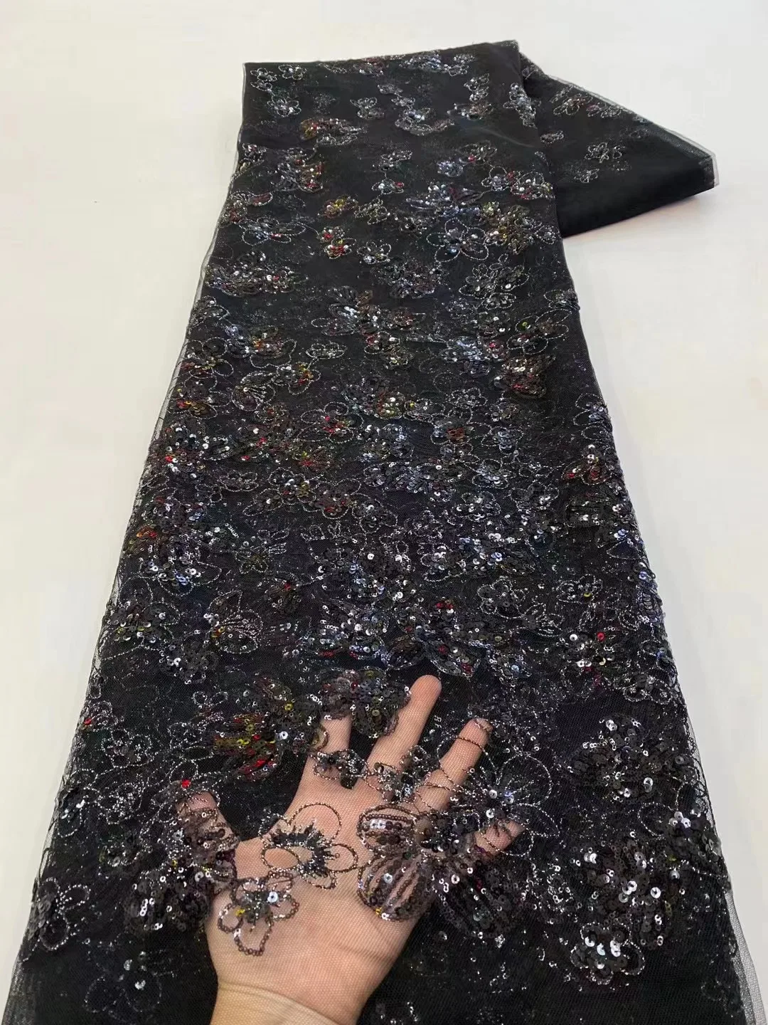 

Black Nigerian Sequins Lace Fabric 2023 High Quality African Tulle Embroidery Fabric for Wedding Dress Sewing