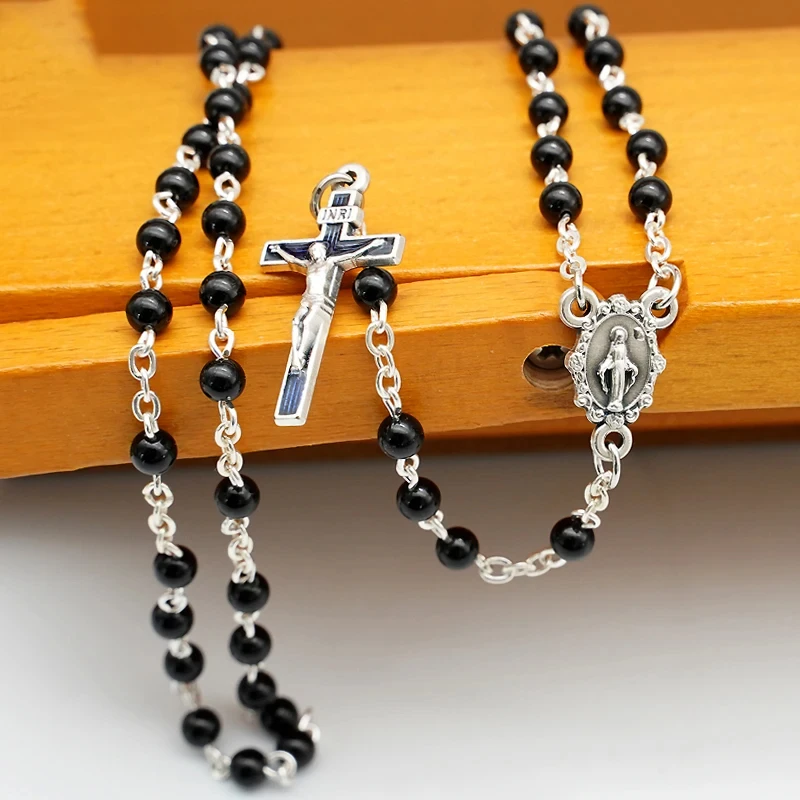 

Natural Onyx Rosary Cross Pendant Necklace Bracelet Our Lady of the Cross Men Women Prayers Religious Gifts Souvenirs