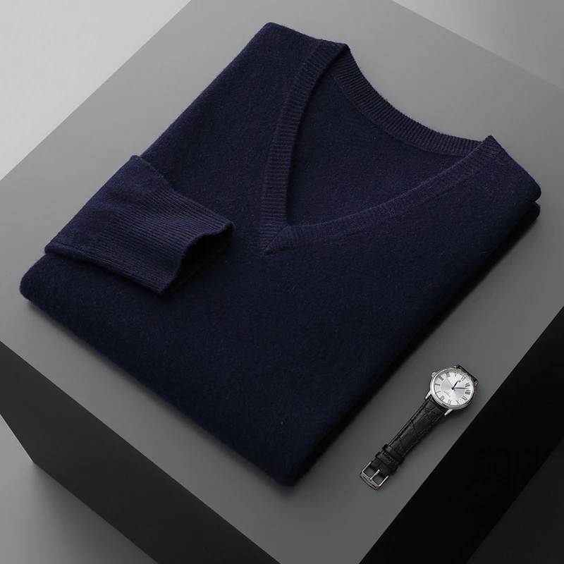 Autumn And Winter New Men's V-Neck Cashmere Loose Thickened Solid Color Wool Knitted Bottoming Shirt Business Casual Sweater 2