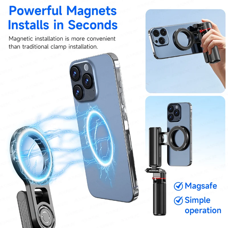 Magnetic Pocket Selfie Stick Desktop Mini Tripod 360° Rotating Phone Holder With Wireless Bluetooth Remote For_voghion.com
