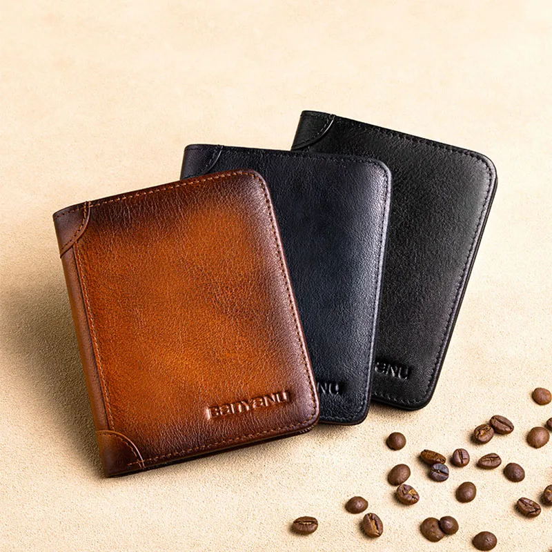 Men's wallet anti-theft swipe card wiping vegetable tanned leather super thin leather wallet with cowhide short wallet