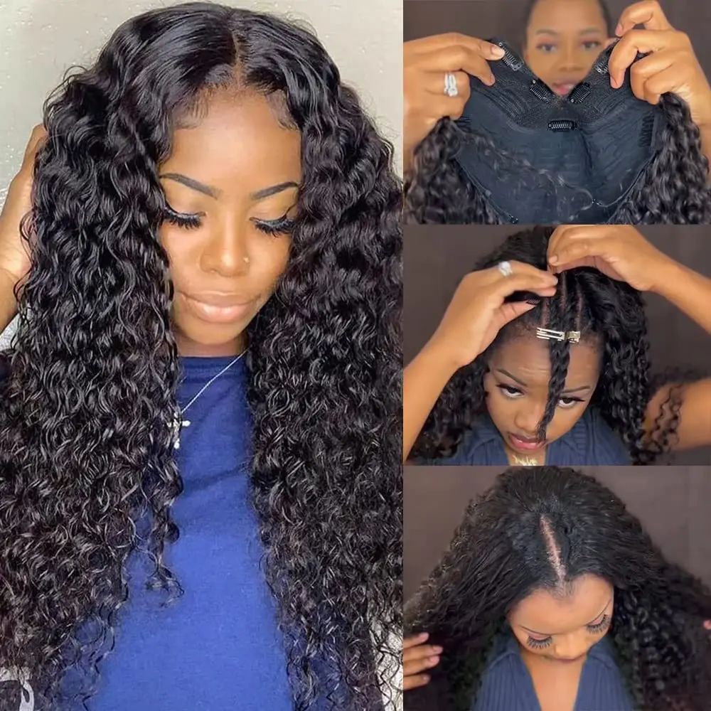 Deep Wave V Part Wig Human Hair 180 Density Natural Color Curly Wig Brazilian Human Hair for Women Water Wave V Part Wig 40 Inch 6