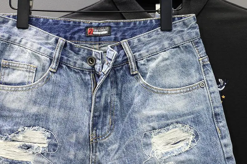 Denim Shorts 2025 Men's Summer Thin Ripped Patch Beggar Pants Cat Whisker Needle Sewing Slim Small Feet Short Jean Medium Pants