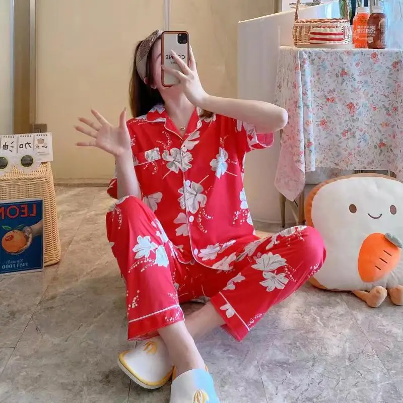 Spring Autumn Women's Milk Silk Pajamas Short Sleeve Cardigan Pants Loose Home Clothing Set Girl Cartoon Sweet Cute Sleepwear