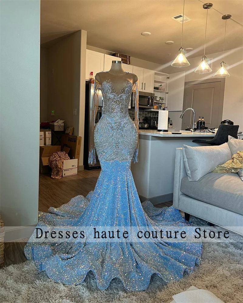 

Sparkly Blue Sequined Mermaid Prom Dresses 2024 For Black Girls Long Sleeve Crystal Birthday Dress Luxury Diamonds Evening Gowns