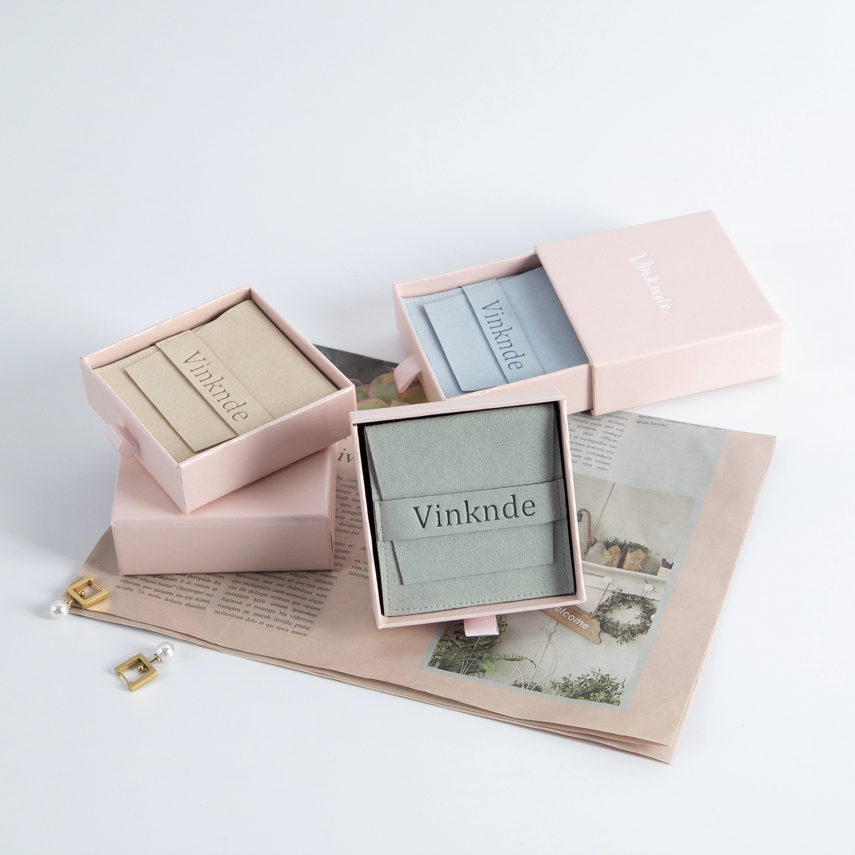 8x8cm Schmuck-Mikrofaserbeutel und 9x9x2,5cm Rosa Schubladenpapierbox für Ringverpackung Geschenkaufbewahrung Beutel Hochzeitsgeschenk – Detail 11