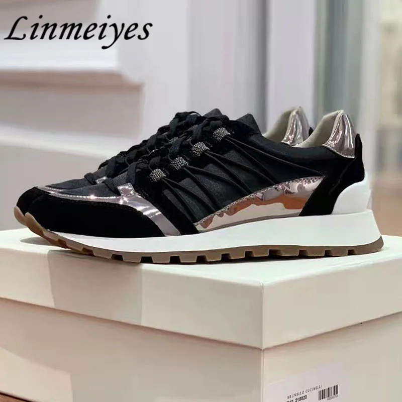 

Casual Sneakers Women Lace Up String Bead Round Toe Flat Shoes Female Suede Patchwork Thick Sole Outdoors Walk Shoes Woman