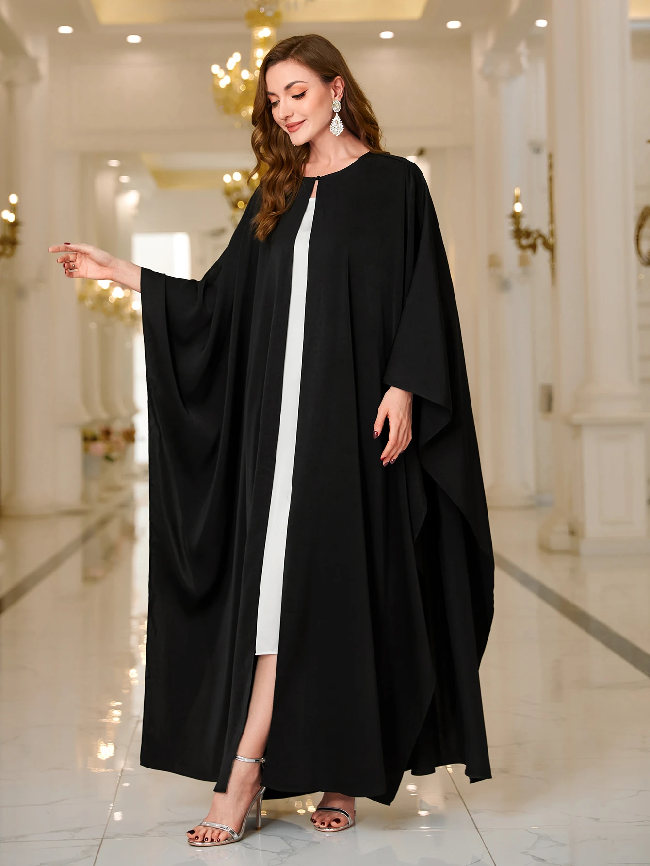 Ramadan Abaya Button Front Batwing Sleeve Modest Dress, Elegant Loose Solid Color Cloak Maxi Outwear Kaftan, Women's Clothing