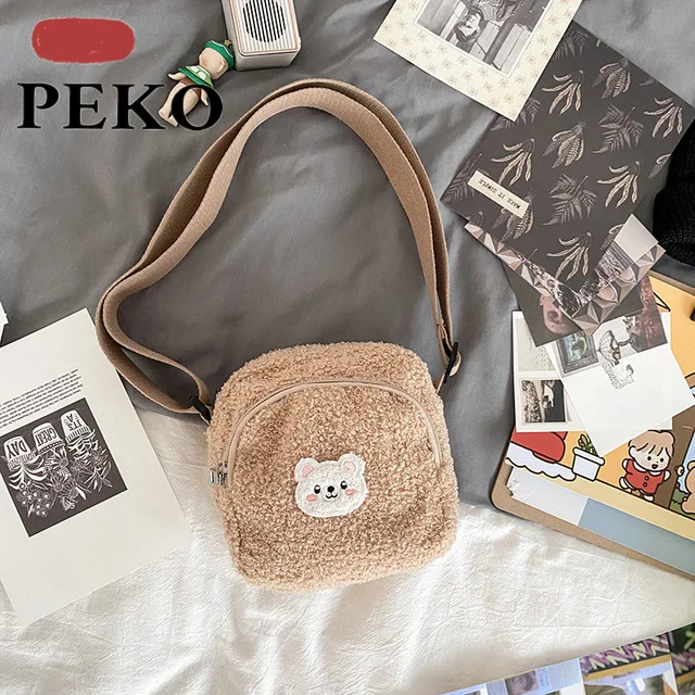2021 Autumn Winter Cute Bear Messenger Bag Mobile Phone Bag Girls Small Kawaii Bag Women Cartoon Plush Shoulder Bag For Women 