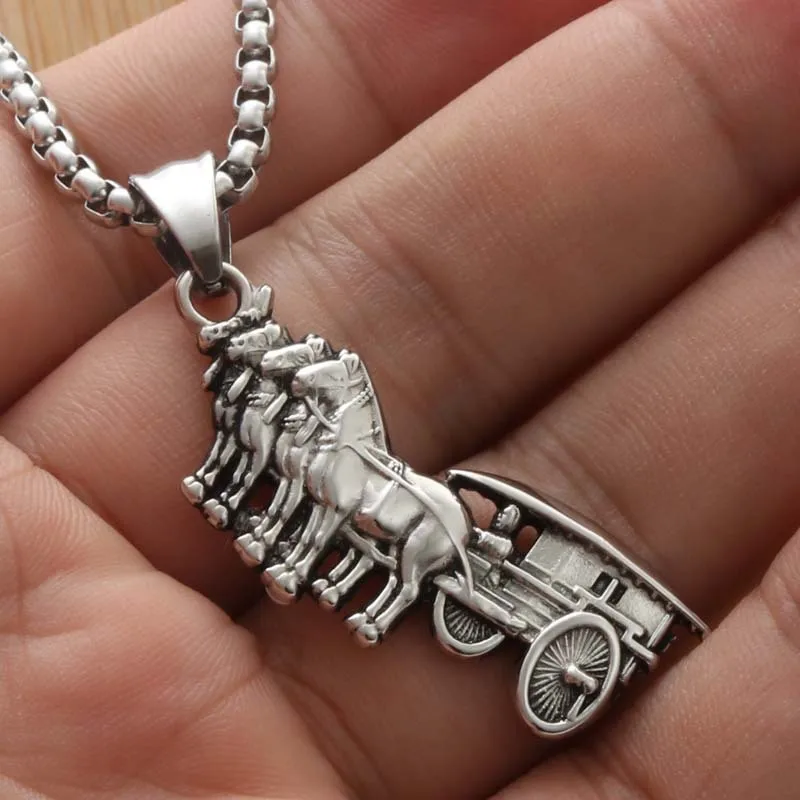 Punk Carriage Pendant Steel Personality Carriage Horse Necklace Vintage Trendy Carriages Necklace Car for Men's Birthday Gift