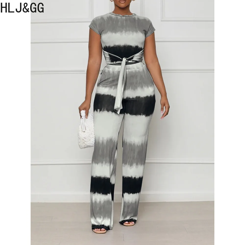 HLJ&GG Fashion Gradient Printing Wide Leg Pants Two Piece Sets Women Round Neck Short Sleeve Bandage Top And Pants Outfits 2024