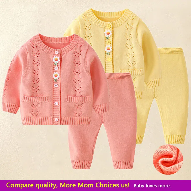 

0-2 Year Old Girl Sweater Set 2023 Autumn/Winter New Casual Knit Top Pink One Year Old Cute Solid Flower