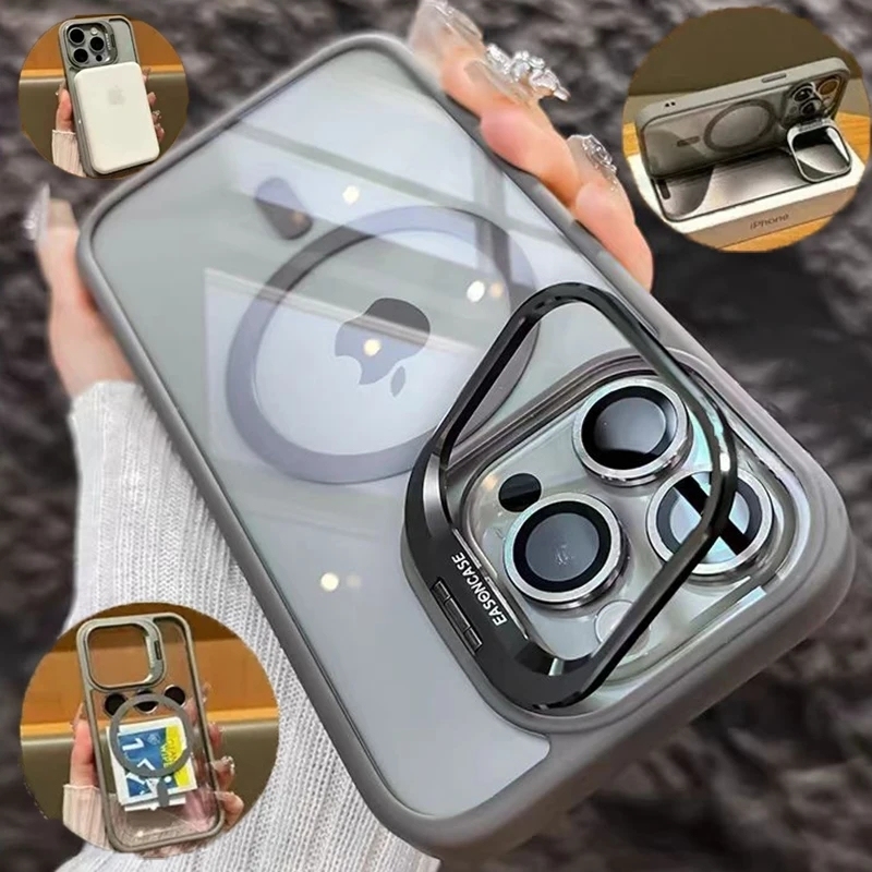 Luxury Magnetic Shockproof Phone Case For iPhone 15 16 14 13 12 11 Pro Max 16 Plus For Magsafe Stand Glass Lens Protector Cover